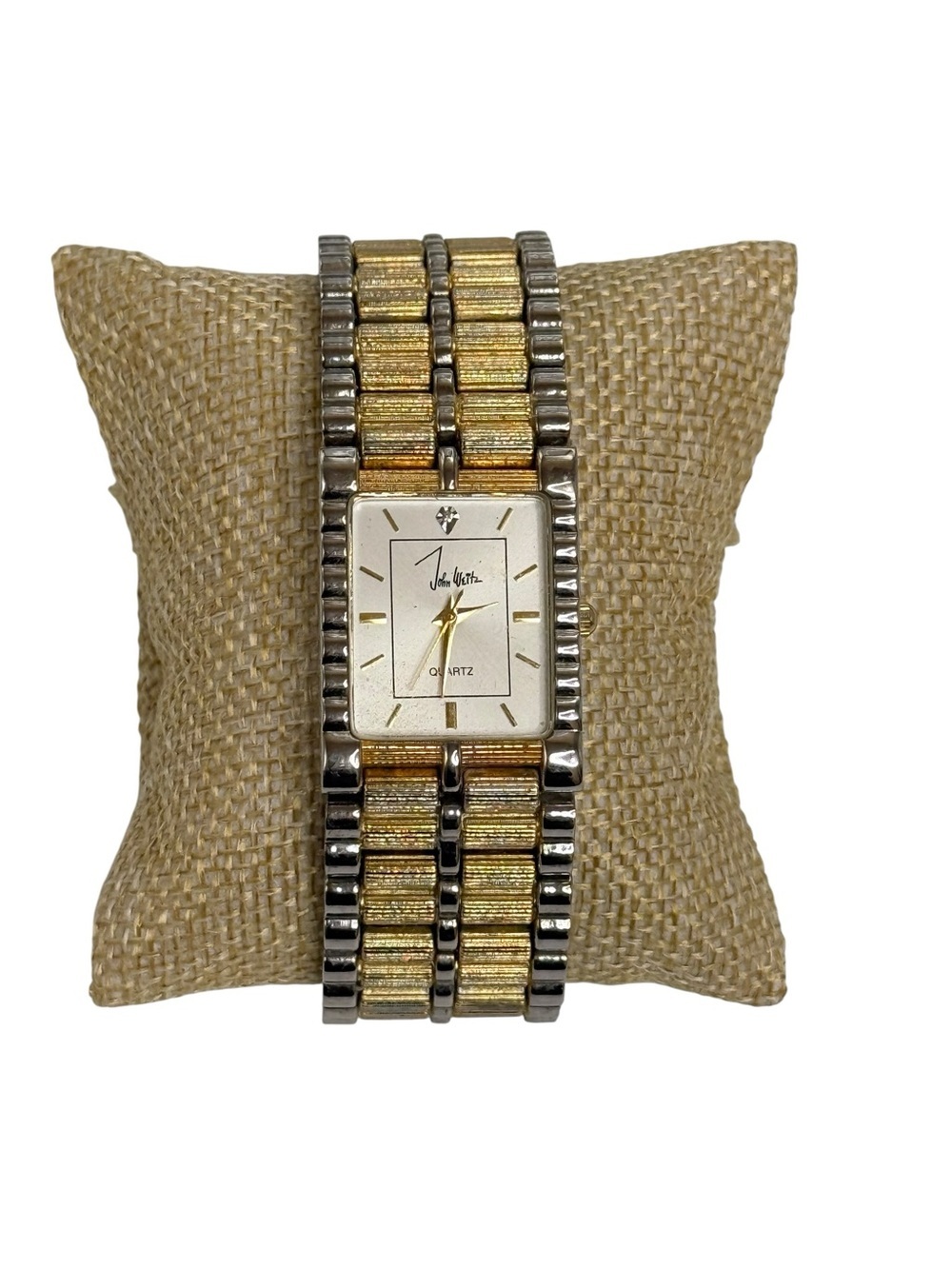 vintage John Weitz two-tone watch rectangular case textured expansion band.